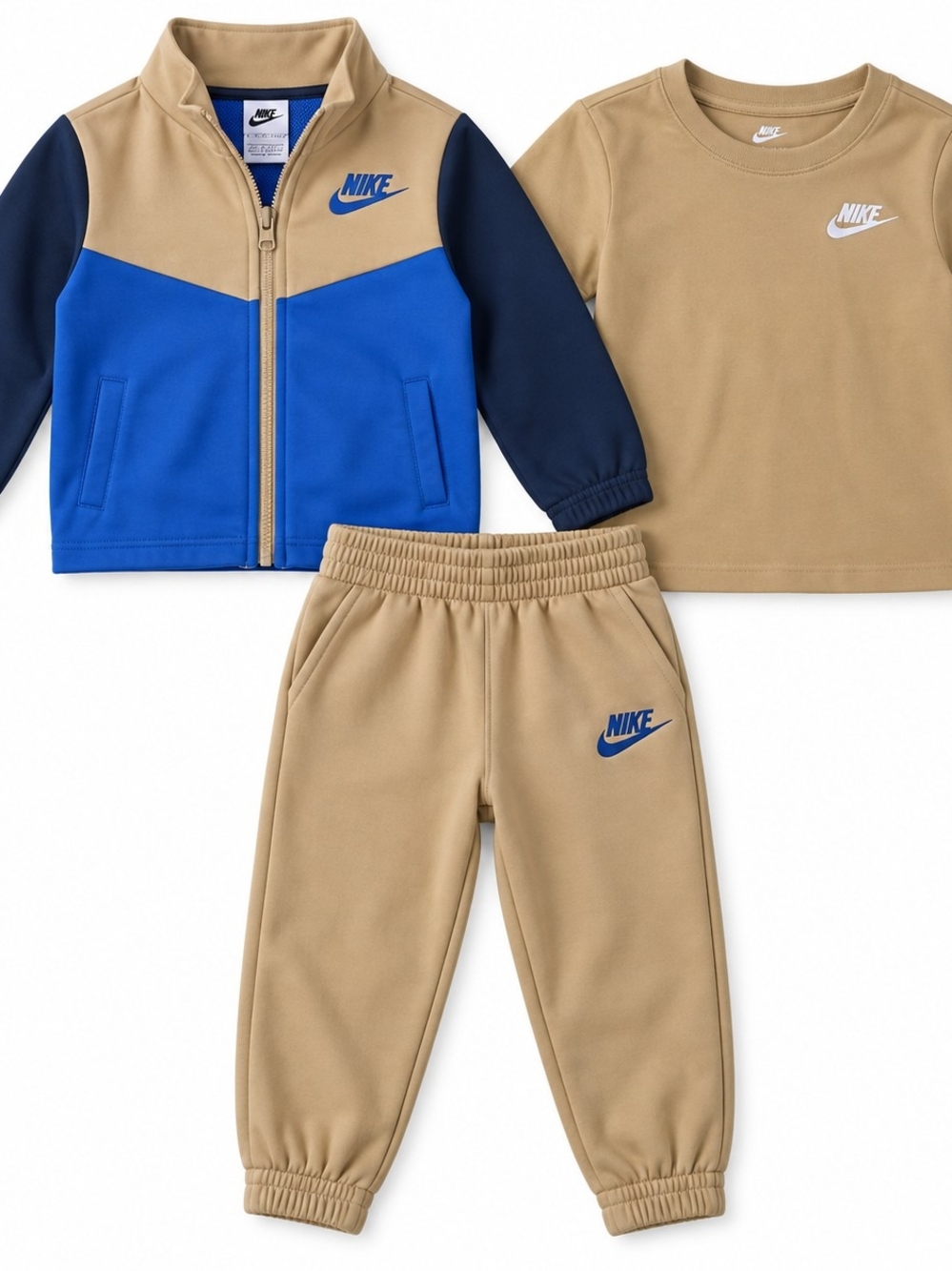 Nike Boys 3-Piece Tracksuit Outfit Set – Jacket, T-Shirt & Joggers | Tan & Blue